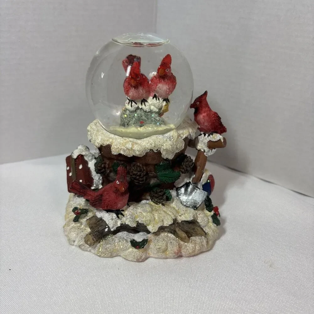 Cardinal Snow Globe on Chimney Base Winter Bird Decor 4.25